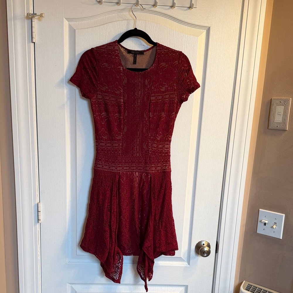 BCBGMaxAzria AILEEN Deep Red Lace Asymmetrical Hem Dress
